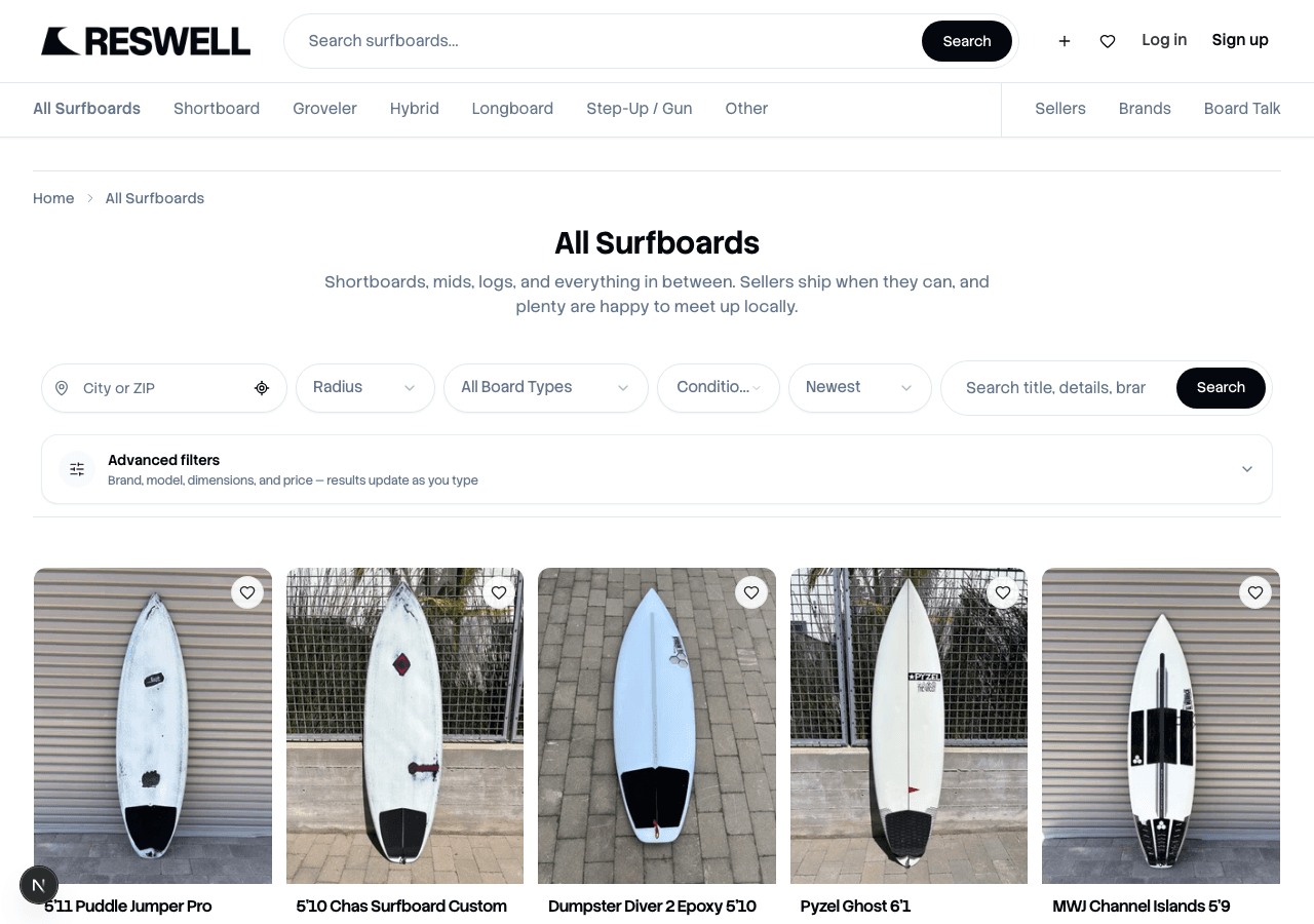 Marketplace browse page with filters and listing grid on Reswell