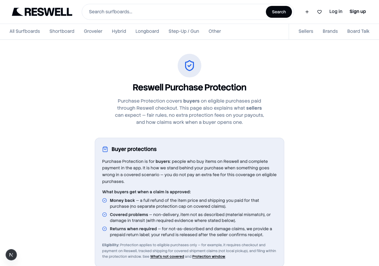 Reswell Purchase Protection policy page